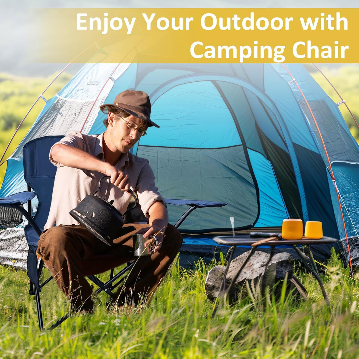 Folding Camping Chair with Cup Holder & Storage Bag, 225lbs Capacity, Large Anti-Sink Feet, Breathable PE Coated Fabric for Outdoor, Hiking, Beach, Fishing, Backpacking, 2PCS Cyan