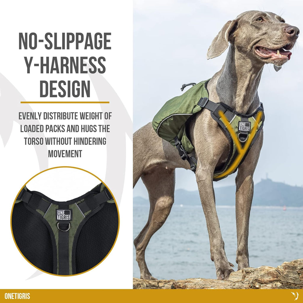 ONETIGRIS Y-Shaped Dog Backpack with Handle, Pockets & No Pull D-Rings, Lightweight Hiking Gear for Dogs Hunting Camping Travel (Medium, Green)