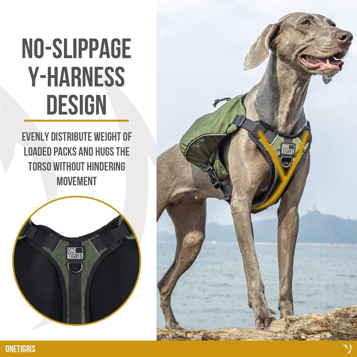 ONETIGRIS Y-Shaped Dog Backpack with Handle, Pockets & No Pull D-Rings, Lightweight Hiking Gear for Dogs Hunting Camping Travel (Medium, Green)