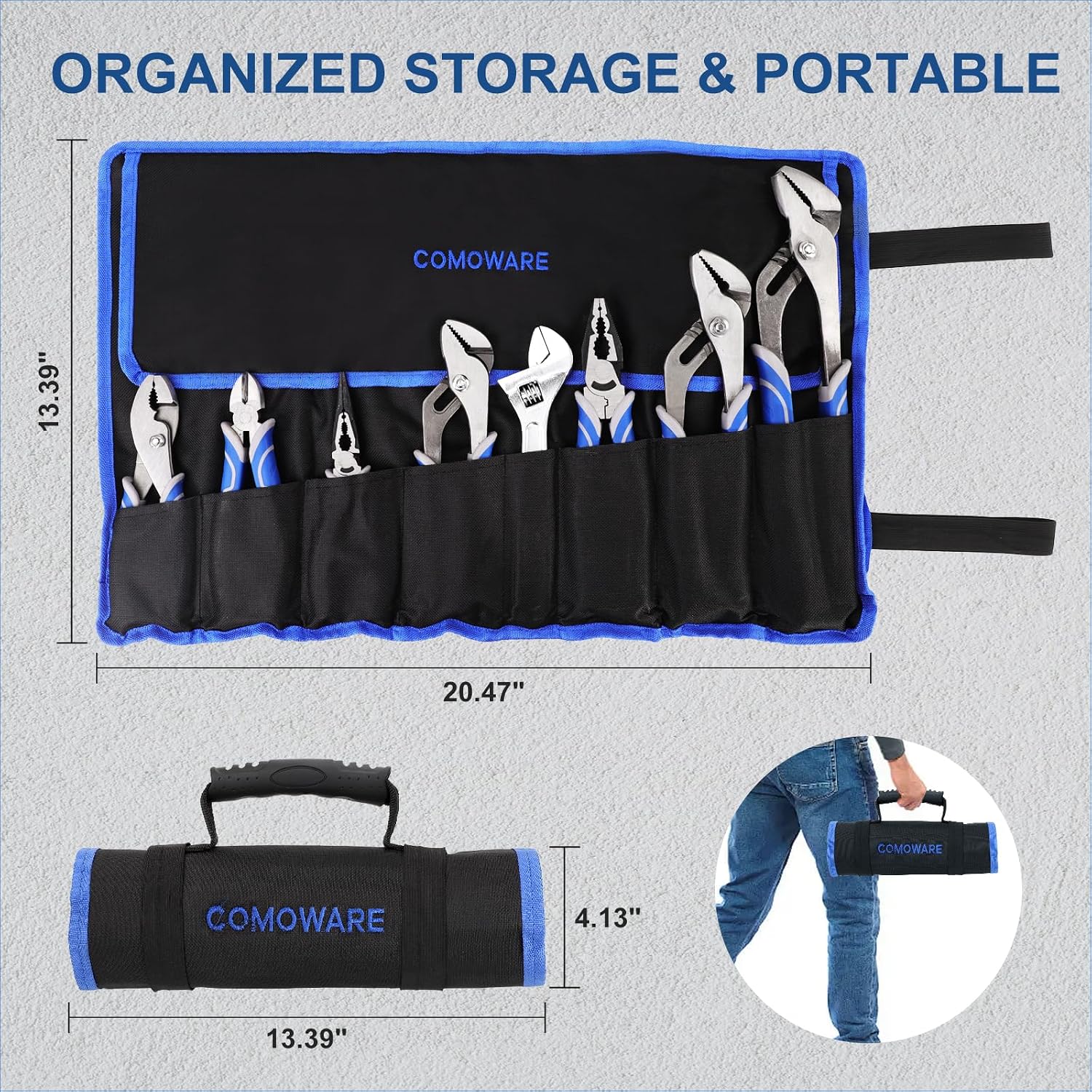 COMOWARE 8Pcs Pliers Set, 12", 10", 8" Groove Joint Pliers, 8" Adjustable Wrench, 8" Linesman, 6" Long Needle Nose, 6" Slip Joint, 6" Diagonal, Roll-Up Pouch Organizer, Rust-proof Black Oxide Coating