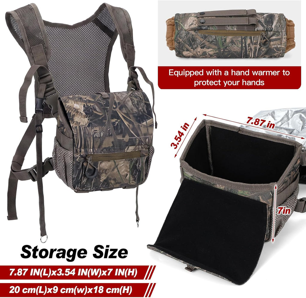 Binoculars Harness Chest Pack with Rangefinder Pouch and Hand Warmer Pockets, Adjustable Shoulder Strap, Ideal for Hunting, Hiking(Vintage,Camouflage)