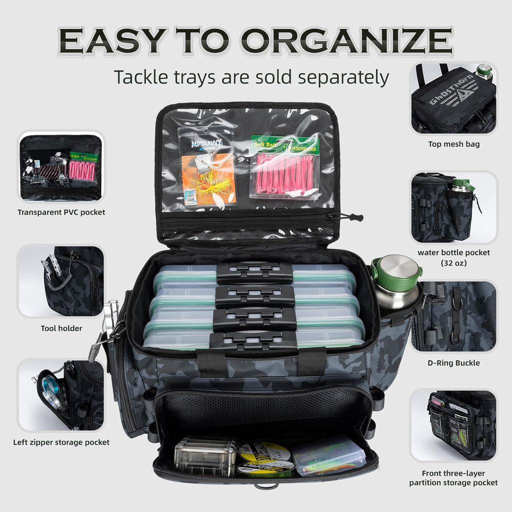 Ghosthorn Large Fishing Tackle Bag with Rod Holder Waterproof Gear Storage