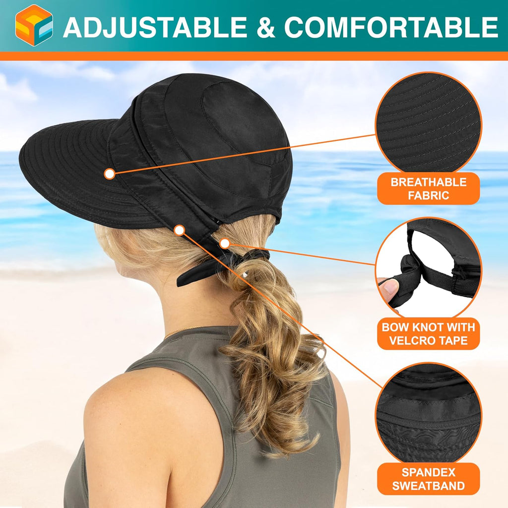 SUN CUBE Womens Sun Hat UV Protection Wide Brim Zip-Off Golf Visor