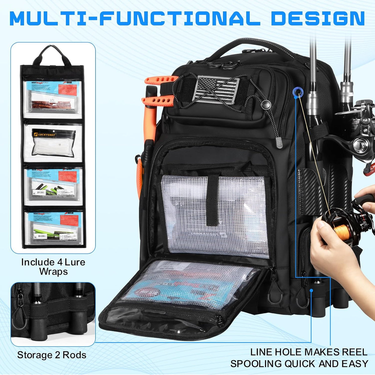 50L Fishing Backpack with 4 Tackle Boxes, Comfortable Straps