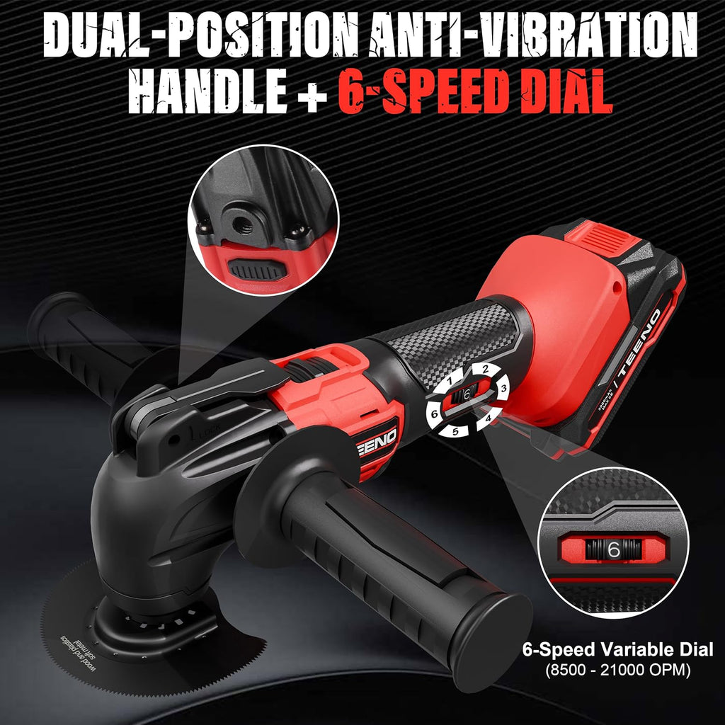 TEENO 20V Cordless Oscillating Tool, 4° Oscillation Angle Oscillating Saw, 6 Variable Speeds with Quick-Lock Change System, 26PCS Multitool Blades & Carrying Bag for DIY Projects
