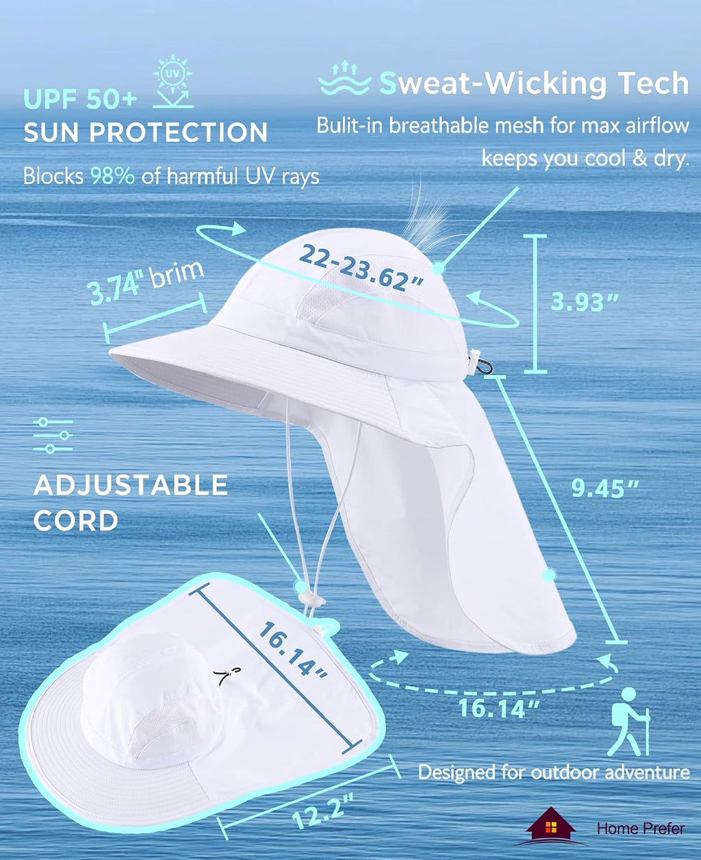 Home Prefer UPF 50+ Sun Hats for Men Women Wide Brim Fishing Hat with Neck Flap UV Protection Sunblock Safari Bucket Hat
