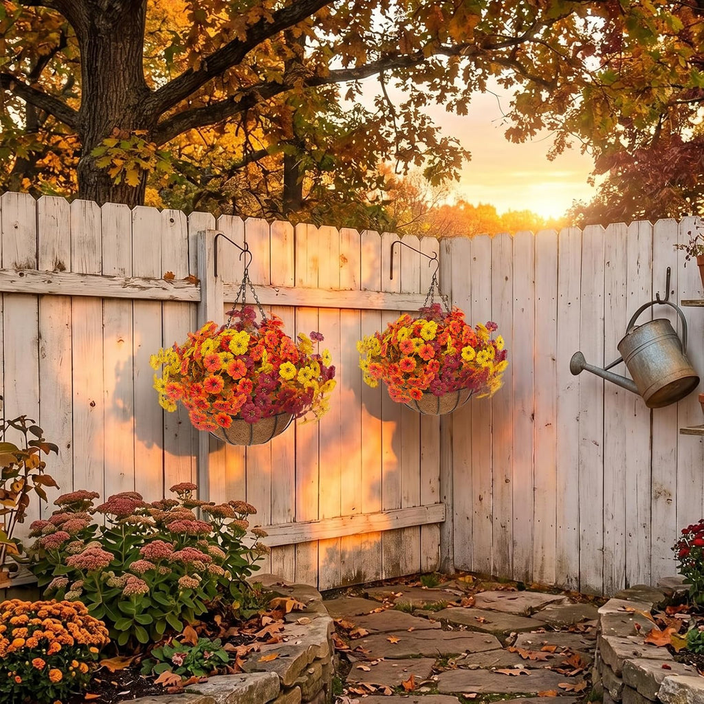 Hananona 2 Set Artificial Outdoor Fall Flowers with Hanging Basket, 2 Packs Hanging Planters with 24 Pcs Faux Fall Mums for Autumn Front Porch Garden Patio Home Decor (2, Orange,Yellow,Burgundy)
