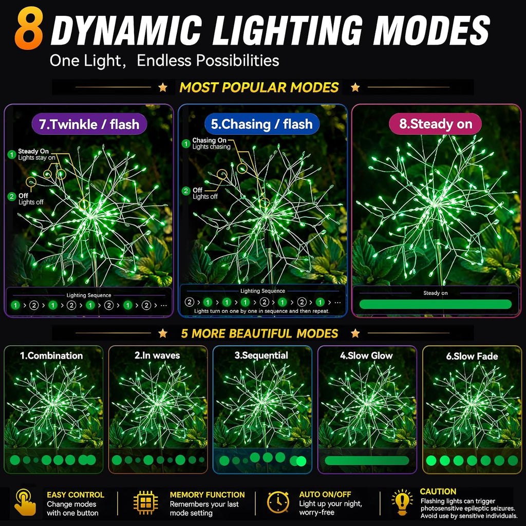 suddus Solar Garden Lights Outdoor - 150 LED Green Firework Lights Waterproof with 8 Modes, Solar Stake Lights Decorations for Outside Yard Pathway Flower Bed Halloween Decor (2 Pack)