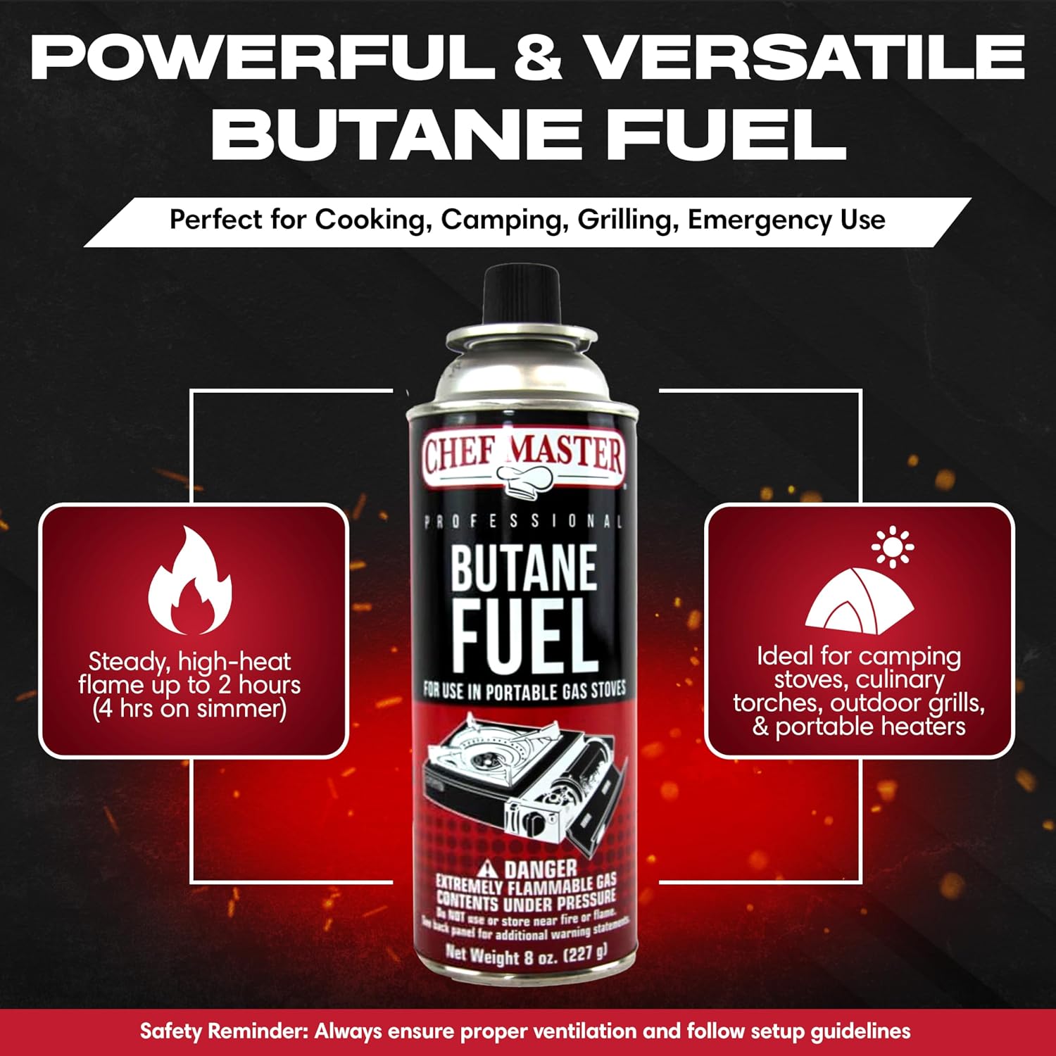 Chef Master Butane Fuel Canister, Camping Stove, Torch Refill, 8oz, 72-Pack