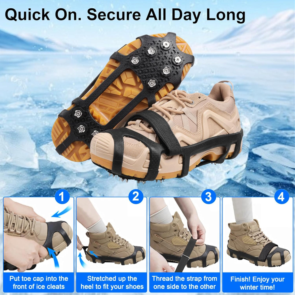 Ice Snow Cleats for Shoes and Boots 9 Studs Crampons Shoe Spikes for Snow and Ice Non-Slip Ice Shoes Grippers with Adjustable Straps Overshoe for Women Men Kids Hiking Walking Ice Fishing