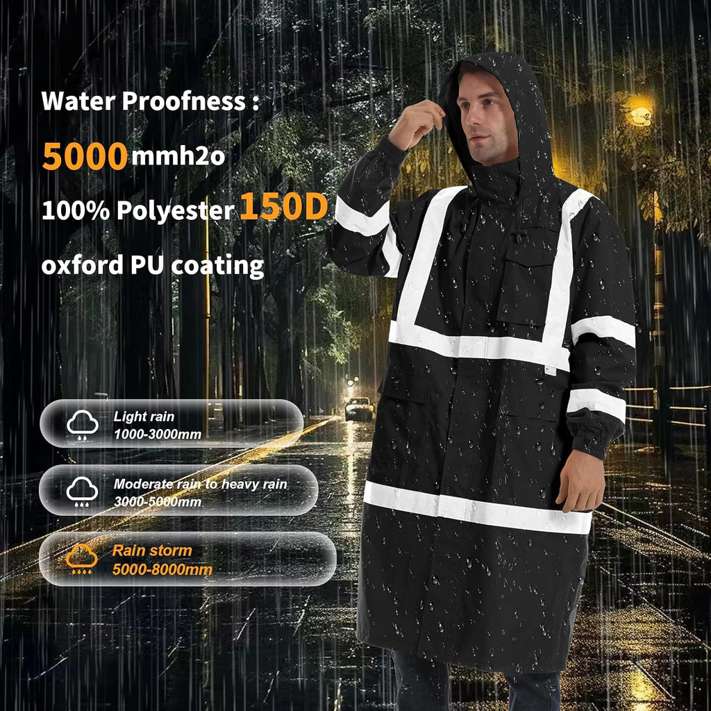 Hi Vis Rain Jacket with 3M Reflective Stripe,High Visibility Class 3 Rain coats,Safety Waterproof Rain Suits for Men with Hood and 2 Large Pockets construction work rain gear(Black 6XL)