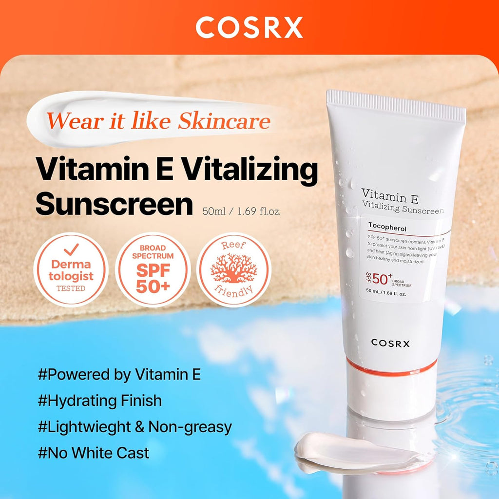 COSRX Vitamin E Sunscreen SPF 50, Natural Glow, for Oily Skin, 1.69 fl oz
