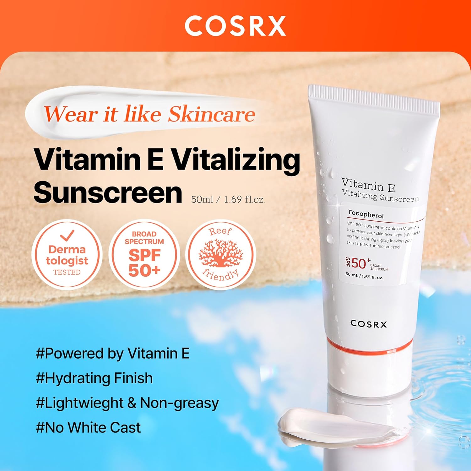 COSRX Vitamin E Sunscreen SPF 50, Natural Glow, for Oily Skin, 1.69 fl oz