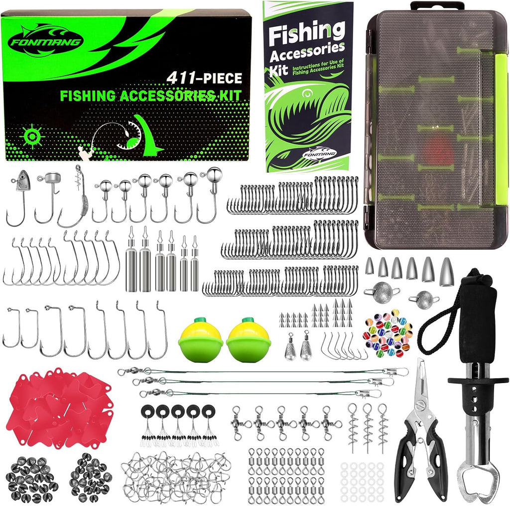 411-Piece Fishing Gear Accessories Kit, [2025 NEW] Tackle Box with Pliers, Fish Lip Grips,Tackle Storage Trays, Hooks, Weights, Jig Heads, Swivels, 21 Pre-Made Rigs – Fishing Gear for Lures Fishing
