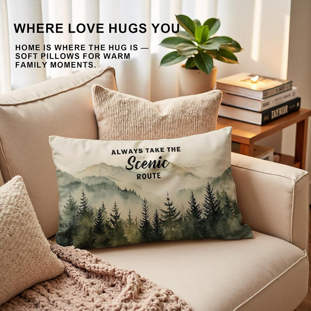 Camping Pillow Cover 12x20,Always Take The Scenic Route,Forest Green Mountain Woods Design,Decorative Rv Camper Pillows,Nature Lover Cottage Core Gifts