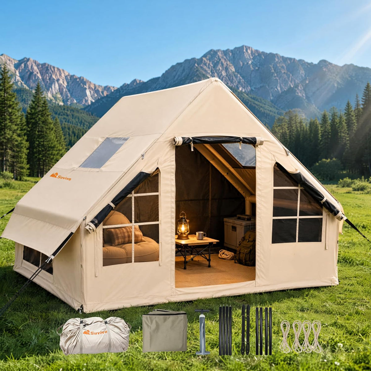 Inflatable Tent for 4-Season Camping, Blow up Glamping Tent for 4-6 Person