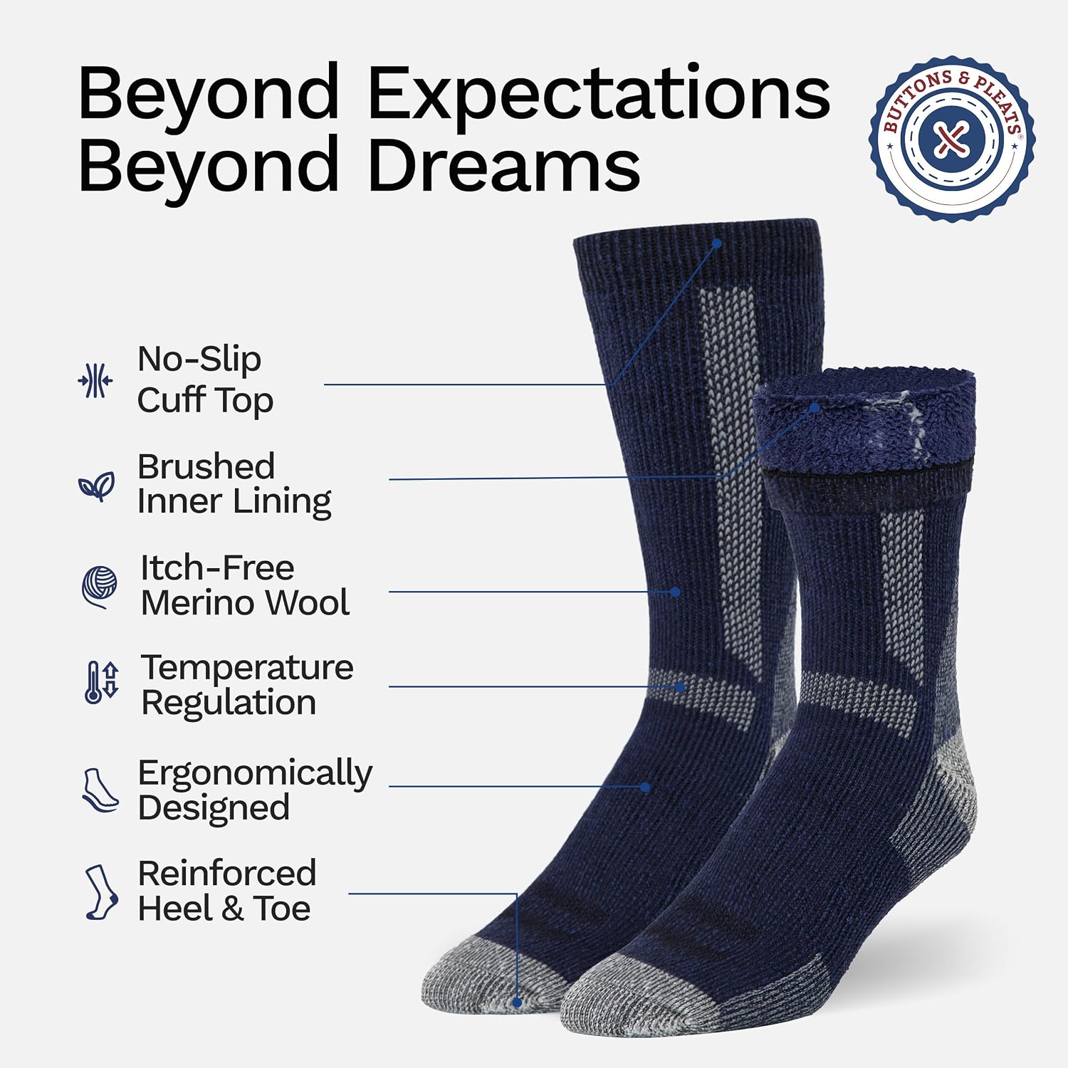 Buttons & Pleats Wool Socks for Men & Women Merino Thermal Warm Cozy Winter Boot Sock