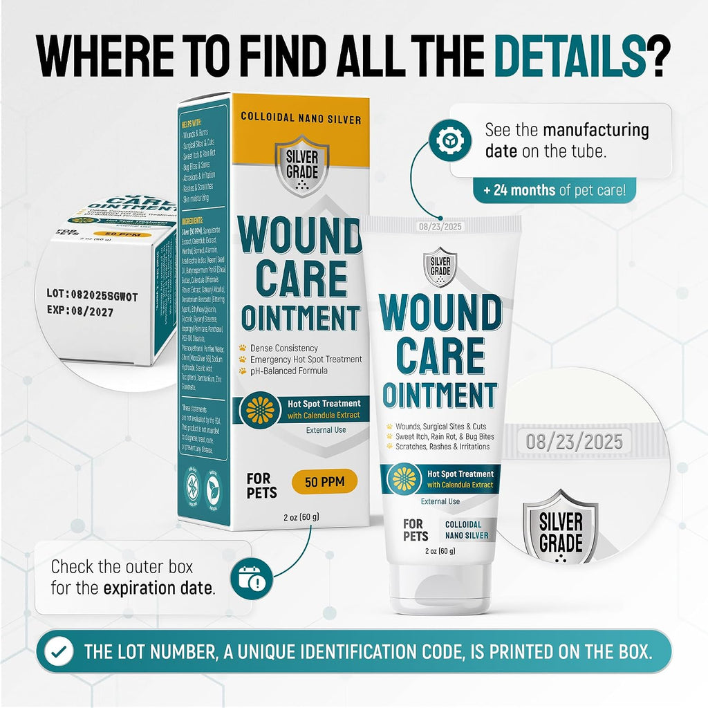 SILVER GRADE Dog Wound Care Ointment with Silver & Calendula for Scratches, Irritations, Bites – Feline & Canine Hot Spots Treatment in a Gel Form – Wound Antibiotic Ointment for Dogs & Cats – 2 Oz