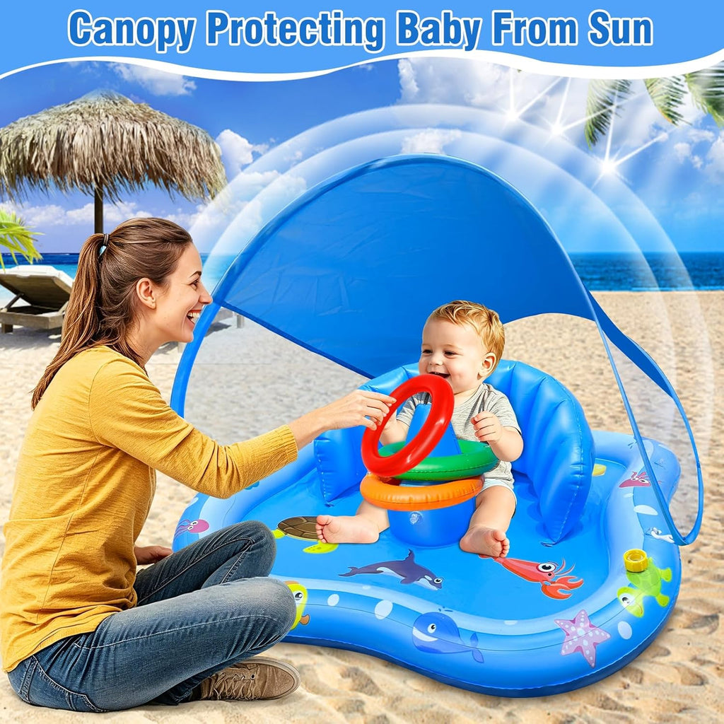 Baby Play Mat with Sprinkler, Pool Floats with Canopy for Age 6-36 Months | Inflatable Kiddie Pool with Backrest & Stackable Rings Water Sprinkler for Kids Outdoor Water Play Toys,Backyard Water Games