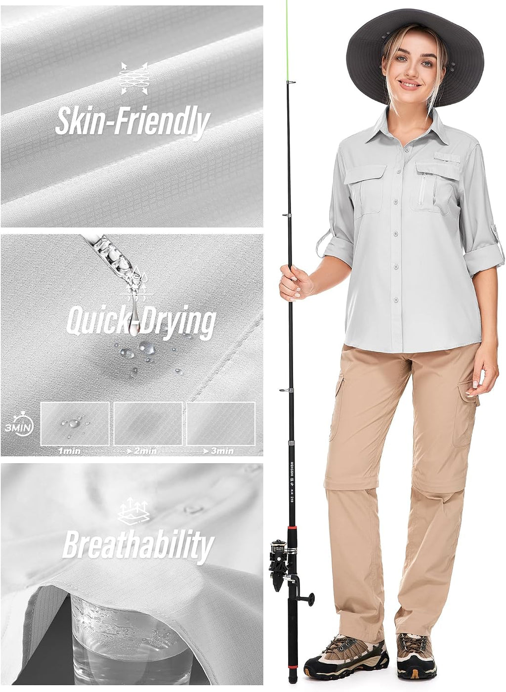 Women's UPF 50 Long Sleeve Sun Protection Safari Fish Hiking Shirts