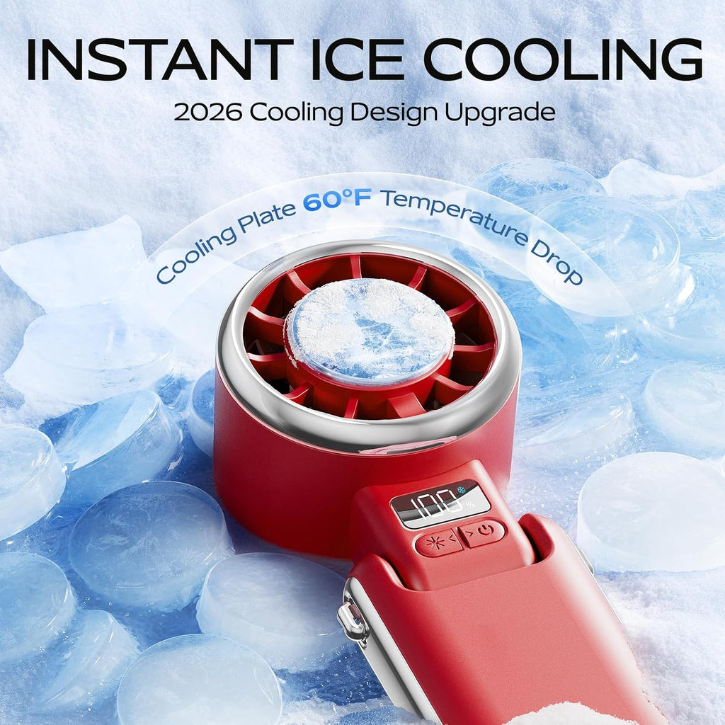 SHEWIND Portable Handheld Fan with Ice Cooling - 5 Gear High Speed Turbo Personal Fan Rechargeable, Up to 11 Hrs, Mini Hand Fans for Travel Essentials, Beach Vacation, Gifts for Women, Men (Red)