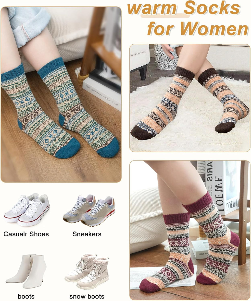 Senker Fashion Wool Socks for Women, 5 Pairs Winter Warm Crew Boot Socks
