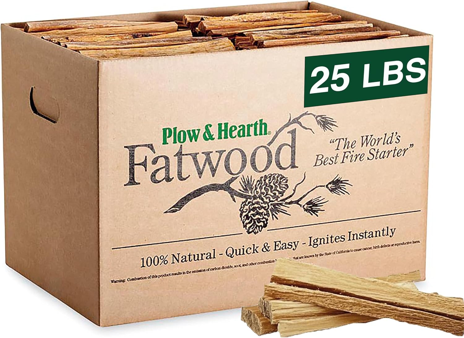Plow & Hearth 25 LBS Fatwood Fire Starter Sticks Organic Kindling, Easy Ignition Fat Wood, All Natural Firestarters for Fire Pit, Wood Stoves, Fireplaces, Campfires, Bonfires, BBQ