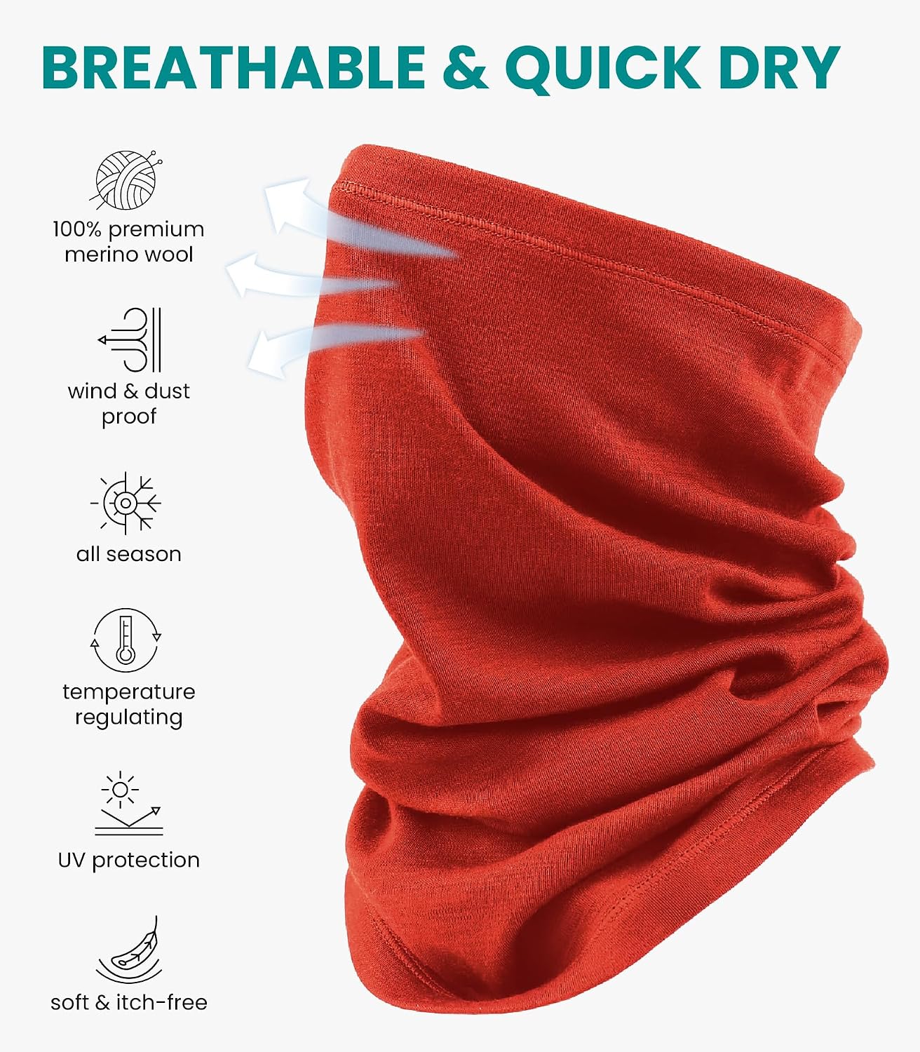 100% Merino Wool Neck Gaiter, 17.5um Face Mask, Unisex Neck Warmer 1-2 Pack