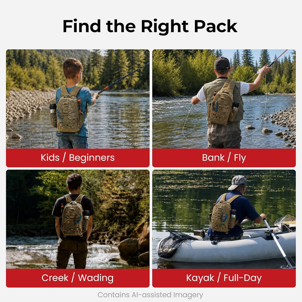Piscifun Fishing Backpack, Rod Holders, Lightweight Sling Bag, Khaki Camo