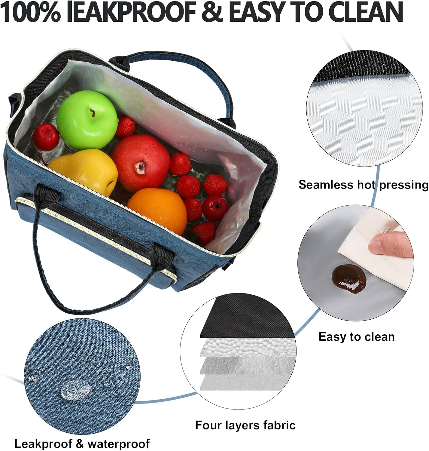 IDEATECH Large Insulated Lunch Bag for Men, Blue, Reusable Cooler Bag with Pockets, Leakproof and Insulation