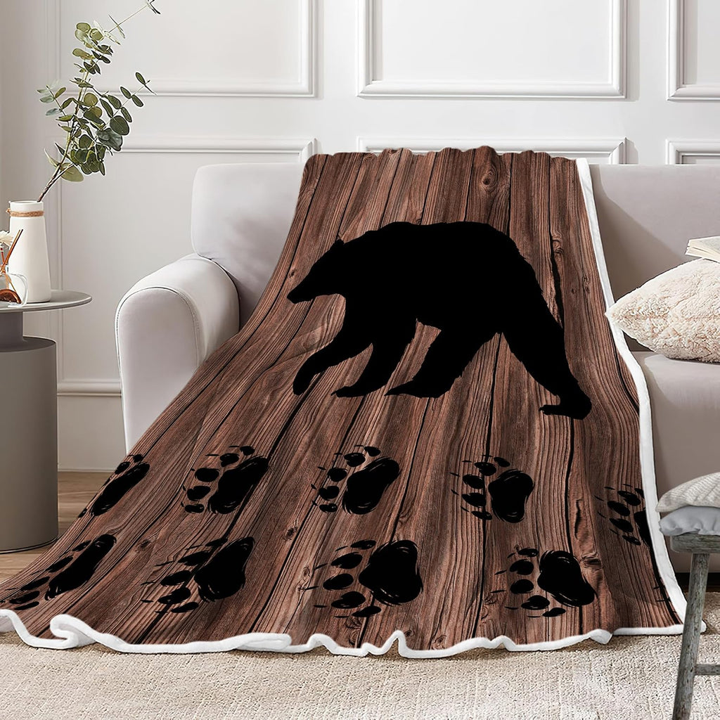 Torich Cabin Bear Throw Blankets, Rustic Lodge Brown Wooden Country Hunting Wild Animal Cozy Warm Bed Couch Blanket, White Fleece Flannel Throws to Decorate The Room and Bedroom Travel