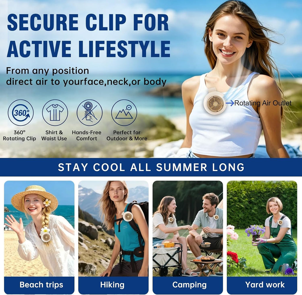 Wearable Clip Fan Rechargeable, 360° Rotating Mini Personal Fan, 5 Speed Bladeless Portable Neckline & Waist Cooling Fan for Outdoor Work, Construction, Camping, Gardening,Office, Travel Essentials