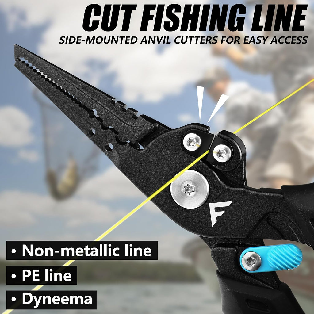 FLISSA Fishing Pliers, Safety Lock Design Fish Pliers Saltwater, Aluminum Hook Remover, Titanium 6Al-4V Jaw and Tungsten Carbide Line Cutters, Sheath & Lanyard, Fishing Gear Gifts for Men