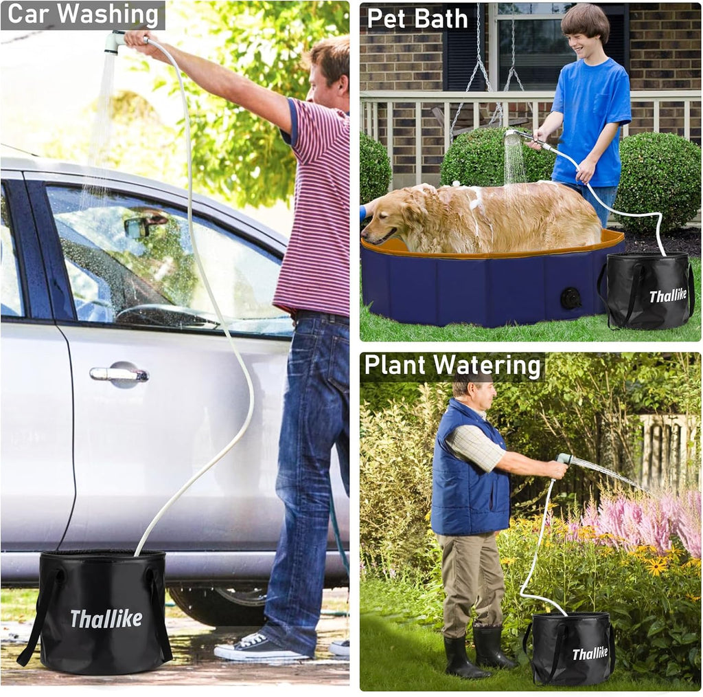 Portable Hot Shower for Camping Shower Tent Kit, 1000W Immersion Heater, Rechargeable Camping Shower Pump, Pop Up Shower Tent with 6.6 Gallons Folding Bucket for Adults Outdoor
