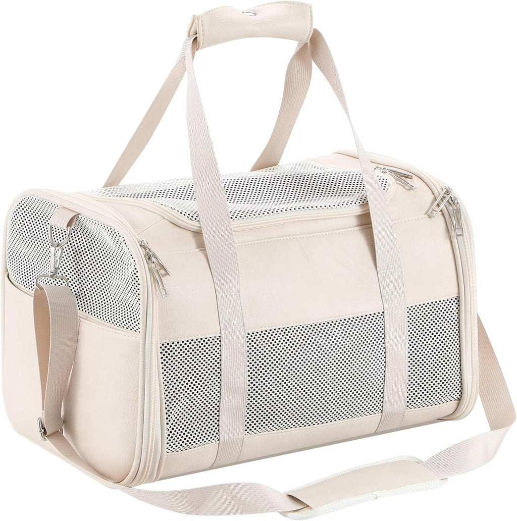 Fashion Leather Dog Carrier, Airline Approved Cat Carrier Soft Sided Pet Bag Carrier Purse for Puppy Kitten Small Animals White