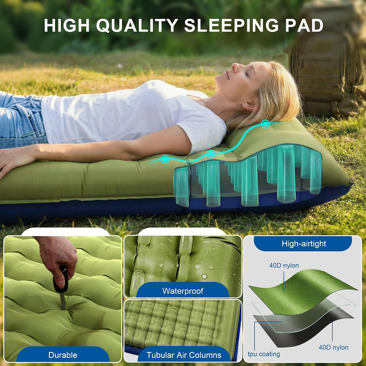 Double Camping Pad 5.5" Ultra-Thick with Pillow & Built-in Foot Pump