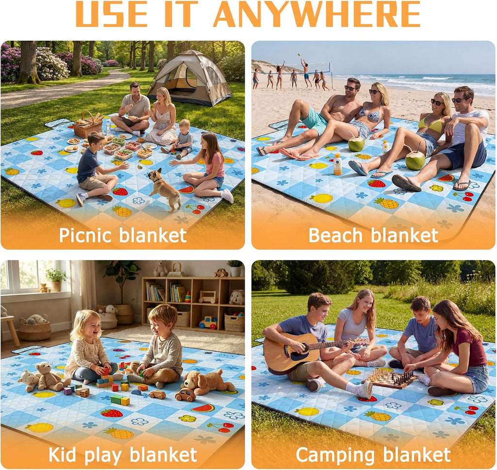 Picnic Blankets Outdoor Blanket,80"x 80" Extra Large Waterproof Sandproof Foldable Beach Blanket Grid Picnic Mat for Camping,Lawn,Park(Light Blue)