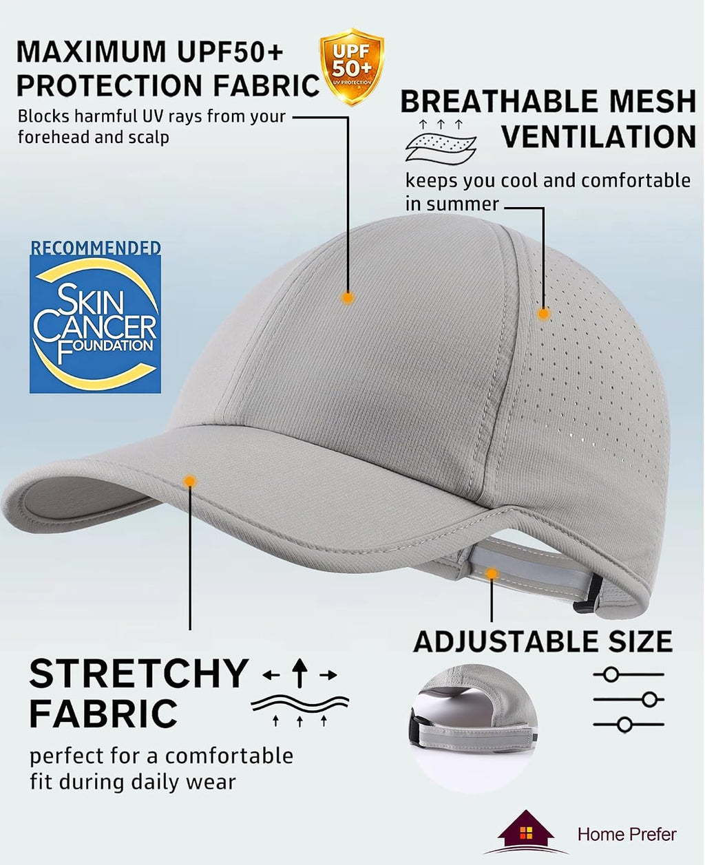 Home Prefer UPF50 Sun Hat for Men Women Reflective Water Repellent Quick Dry Baseball Cap Golf Running Outdoor Sport Hat