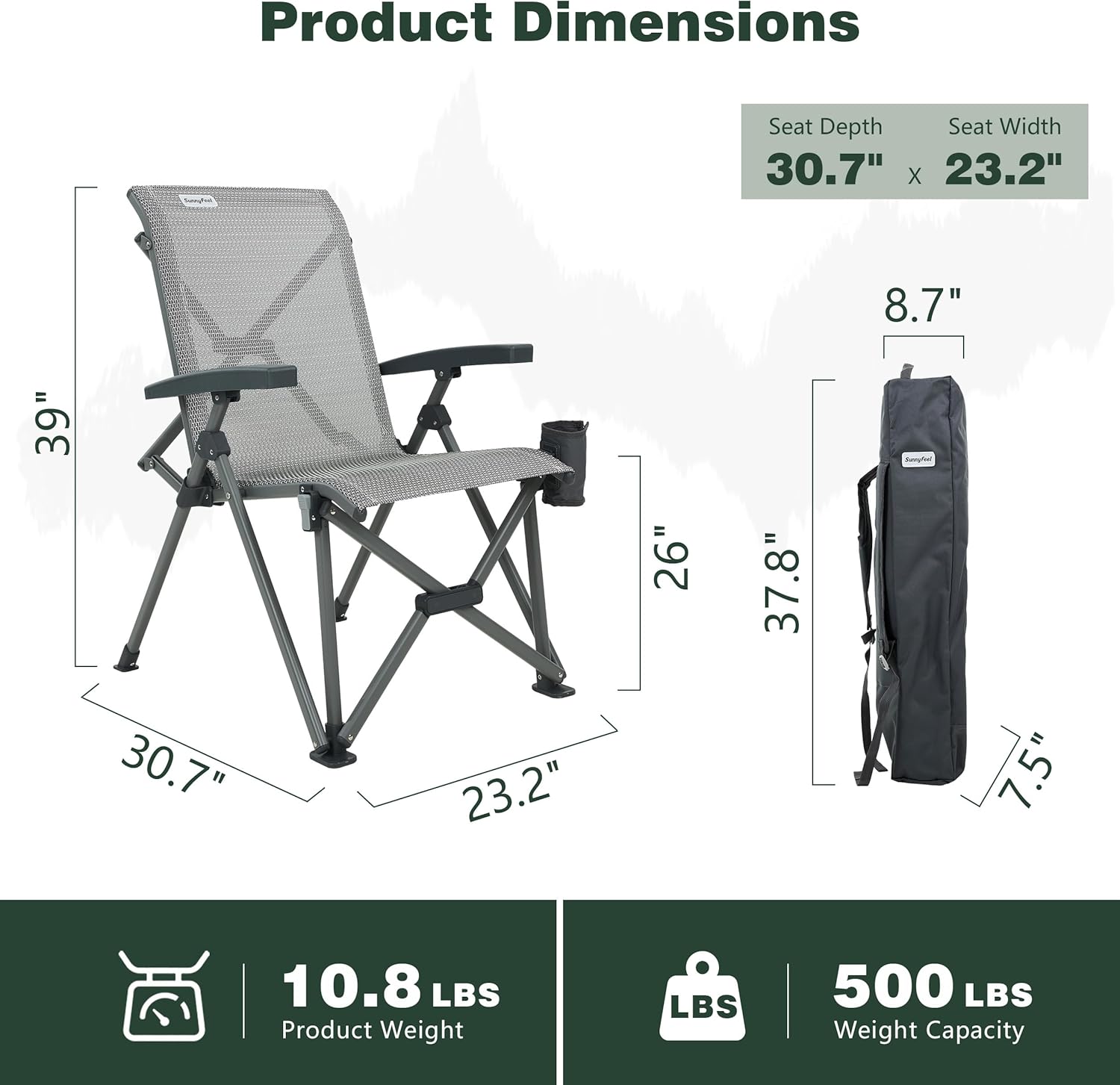 SUNNYFEEL High Back Folding Camping Chair 500 lbs with Aluminum Frame, Grey