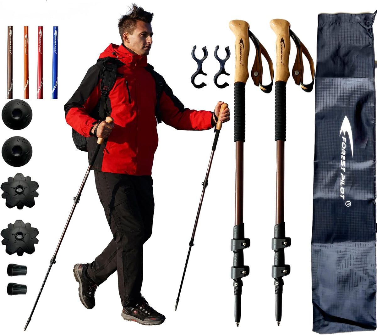 FOREST PILOT Trekking Poles - Lightweight 7075 Aluminum with Flip Lock & All Terrain Accessories - Pair of 2 Walking Sticks for Hiking with EVA or Beech Wood Grip