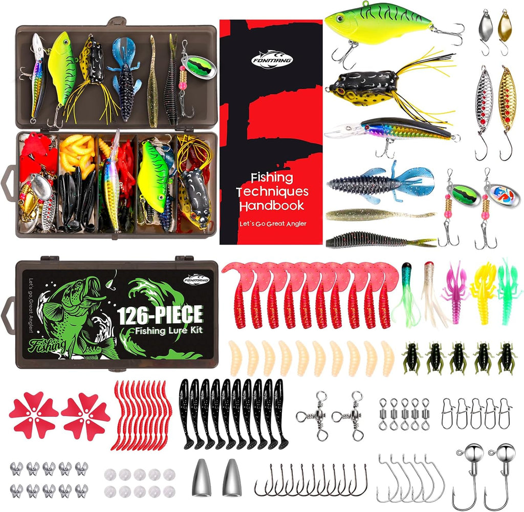 FONMANG Fishing Lures - Tackle Box with Tackle Included, Fishing Kit with VIBs, Frogs, Minnows, Soft Baits, Hooks & Weights Accessories, Freshwater Lure Kit for Bass Walleye Trout