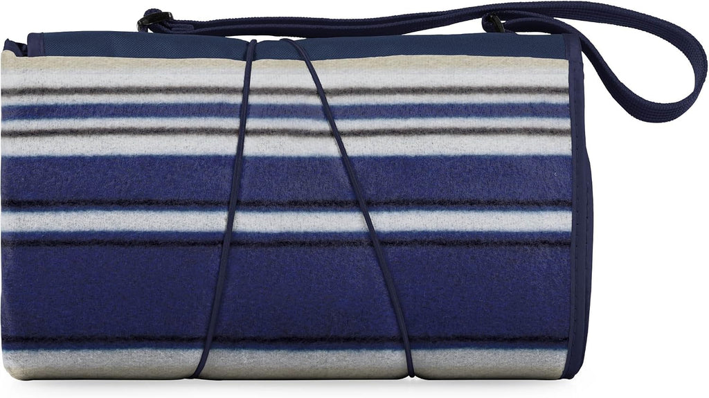 ONIVA Blanket Tote XL Outdoor Picnic Blanket, 70"x80" Foldable Beach Blanket with Fleece Top, Water-Resistant Backing, Strap & Pocket, Portable Mat for 4-5 People by Picnic Time (Blue Stripe/Navy Flap)