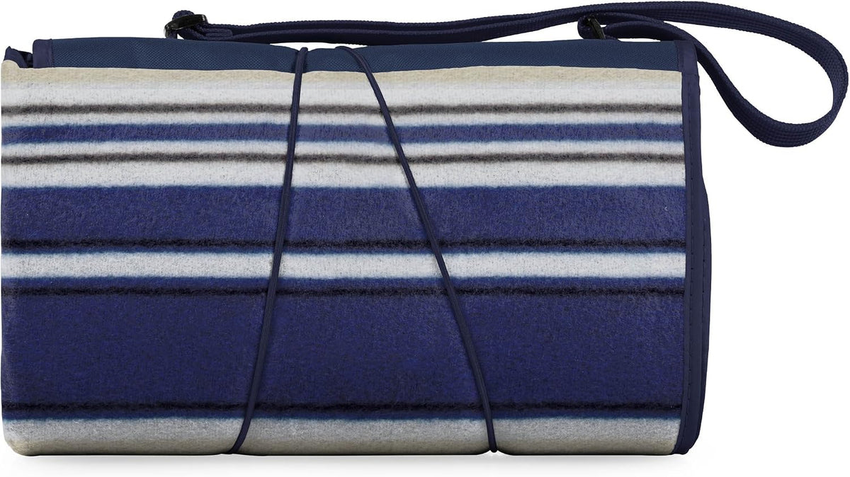 ONIVA Blanket Tote XL Outdoor Picnic Blanket, 70"x80" Foldable Beach Blanket with Fleece Top, Water-Resistant Backing, Strap & Pocket, Portable Mat for 4-5 People by Picnic Time (Blue Stripe/Navy Flap)