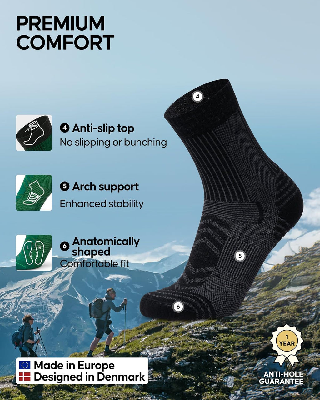 DANISH ENDURANCE Merino Wool Hiking Socks, Lightweight, 3 & 5-Pack