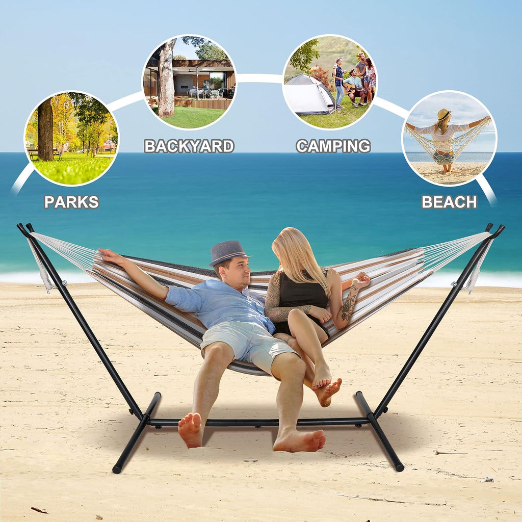 SUPER DEAL Portable 2 Person Hammock with 9FT Hammock Stand, 620 LBS Capacity Adjustable Hammock Bed with Space Saving Carrying Case Included for Camping Garden Backyard Patio Indoor Outdoor