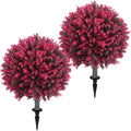 Artificial Red Eucalyptus Topiary Ball Tree 24" with Ground Spike, Set of 2 Artificial Boxwood Bushes for Faux Shrubs, Fake Evergreen Faux Plant for Indoor Outdoor Garden -UV Resistant–Fade-Proof