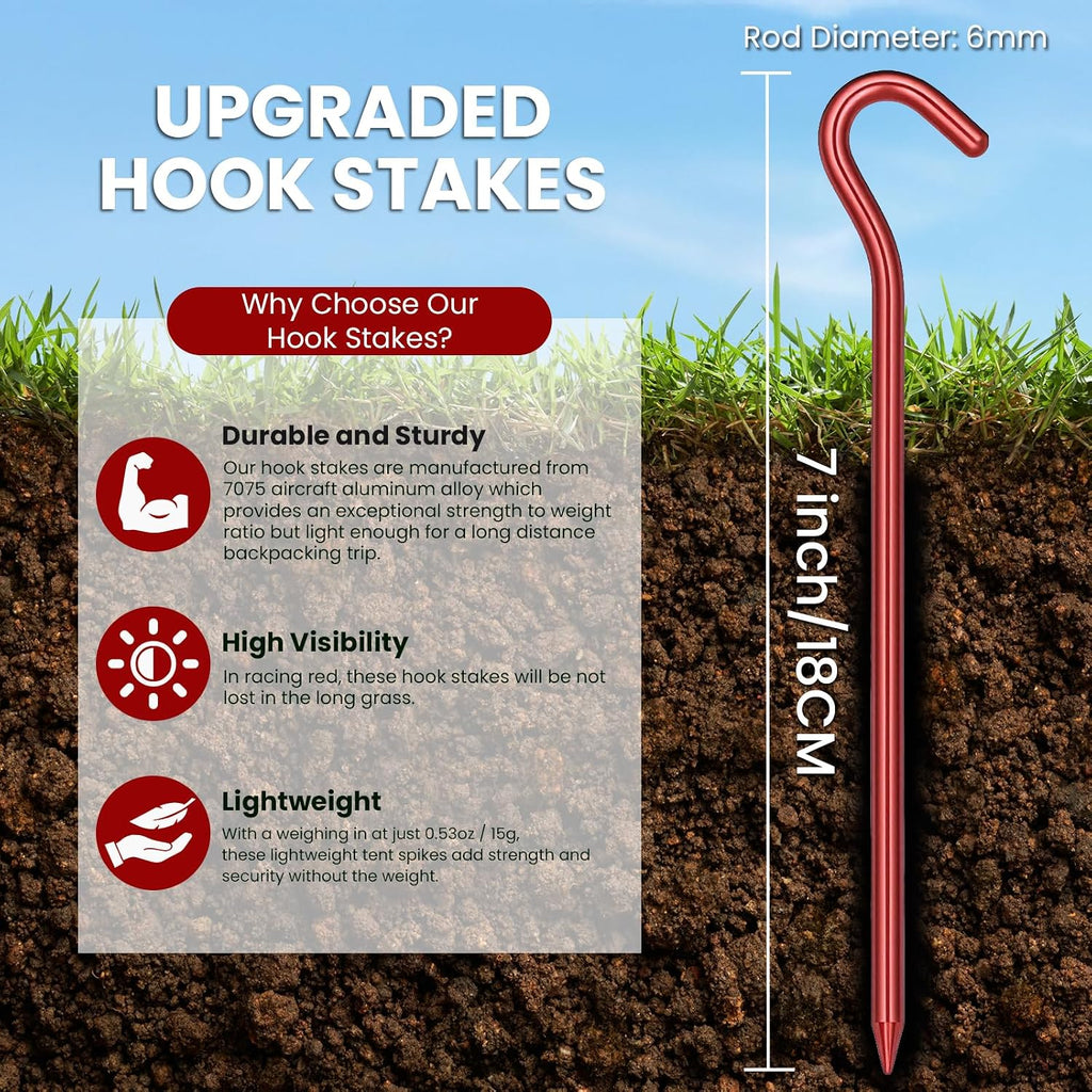 20 Pack Aluminum Tent Stakes - 7 Inch Lightweight Metal Ground Stakes Tent Pegs - Camping Hook Stakes for Tent, Rain Tarps, Canopies, Gardening, Inflatables and Outdoor Decorations