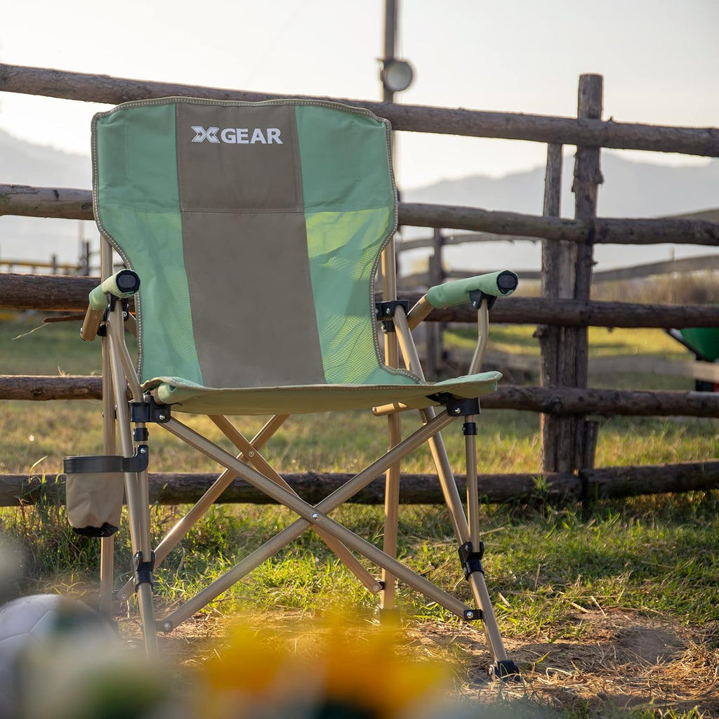 XGEAR 330LB Heavy Duty High Back Hard Arm Camping Chair with Cup Holder