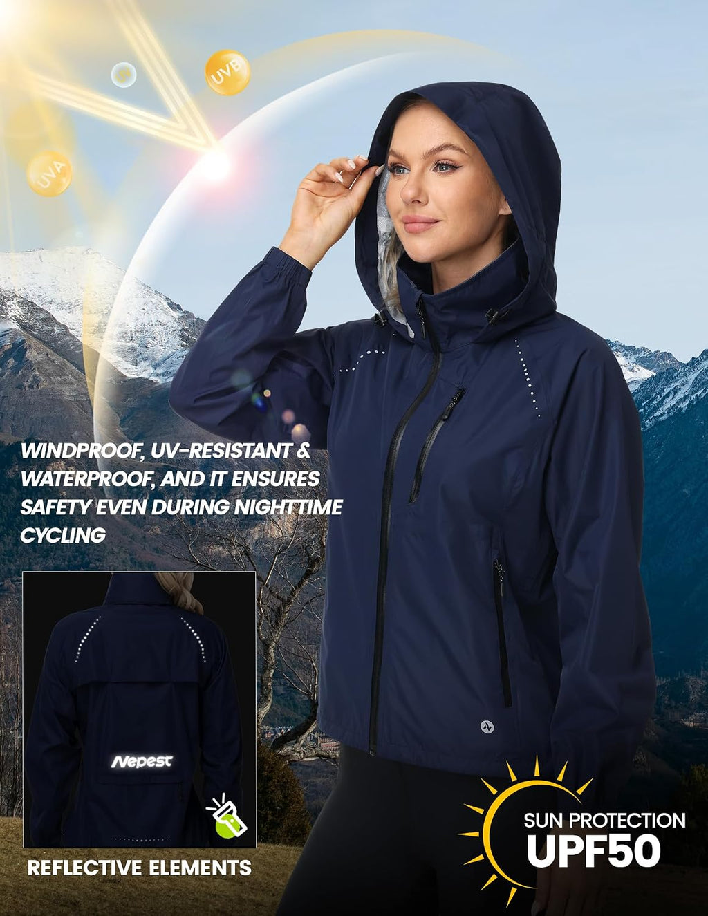 Nepest Womens Cycling Rain Jackets Biking Windbreaker with Hood UPF 50+