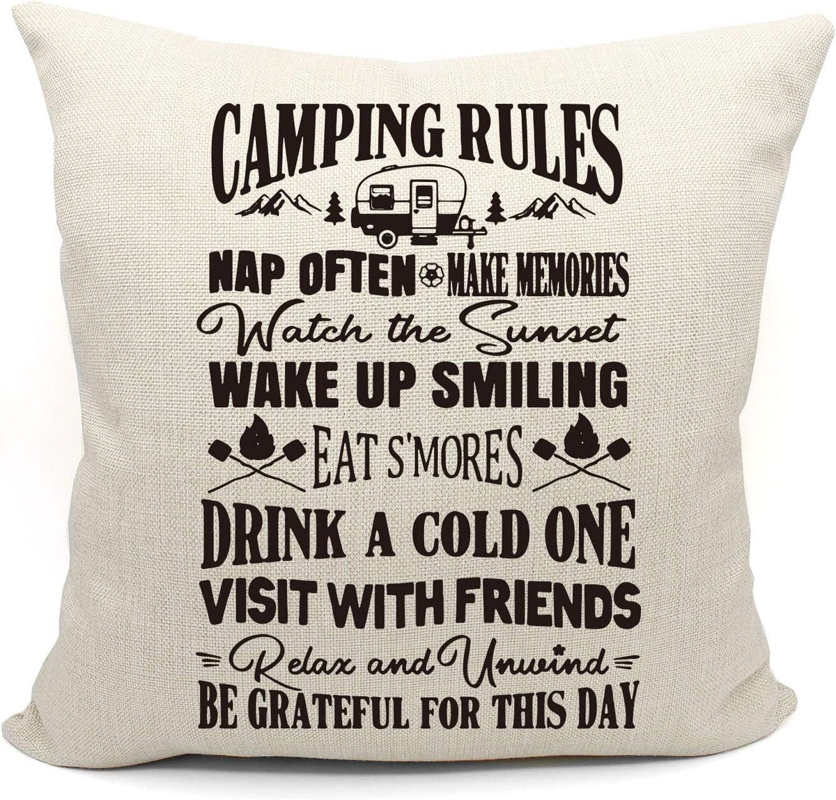 Mancheng-zi Camping Rules RV Pillows Throw Pillow Case, Travel Trailer Pillows, RV Pillow Covers, 18 x 18 Inch Decorative Cotton Linen Cushion Cover for Sofa Couch Bed